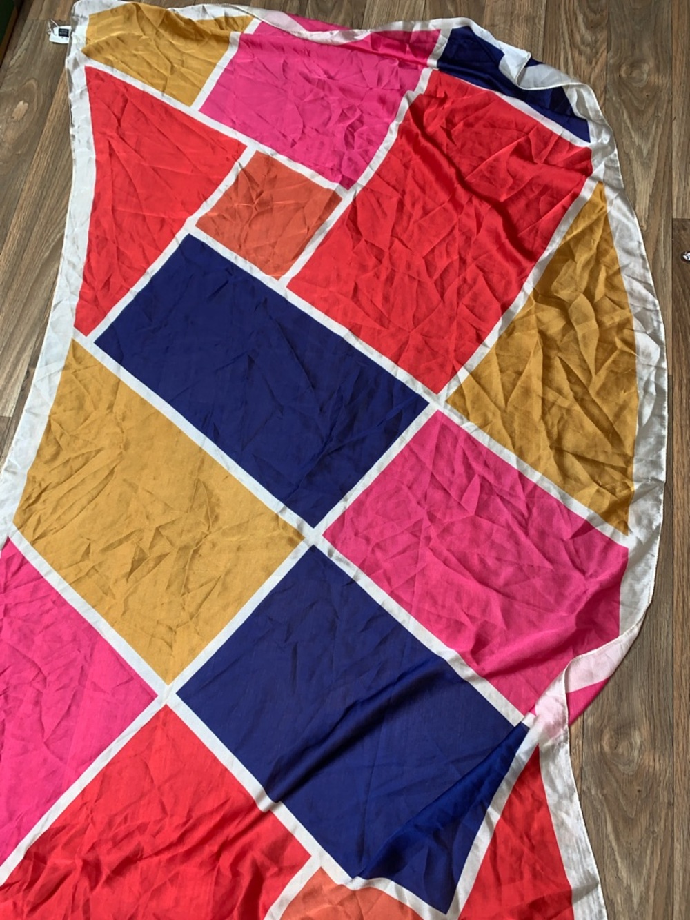 Colorblock Geometric Large Silk Scarf in Pink, Red, Navy & Mustard